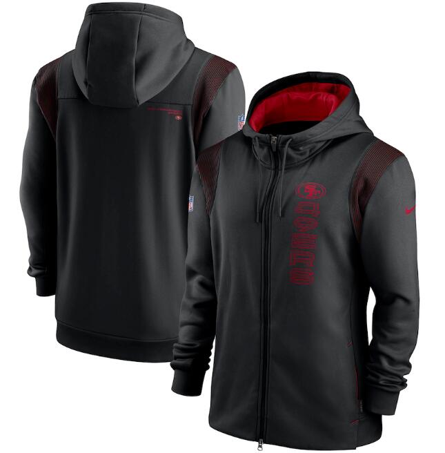 Men's San Francisco 49ers 2021 Black Sideline Team Performance Full-Zip Hoodie Men's San Francisco 49ers 2021 Black Sideline Team Performance Full-Zip Hoodie